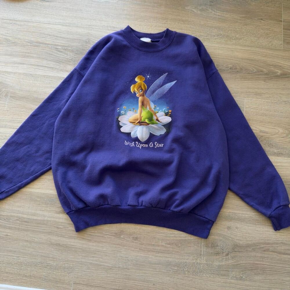 Disney Vintage 90's Women's Large Purple & Silver Tinkerbell Sweatshirt Fairy